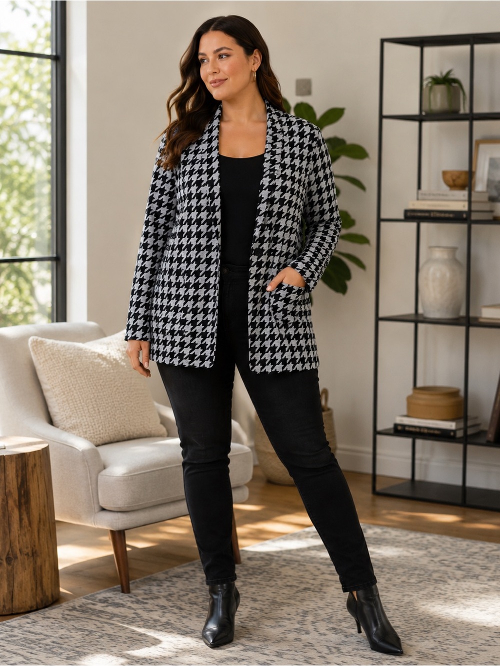 Torrid Houndstooth Open Front Blazer Jacket Size 1 Black White Career Chic XL